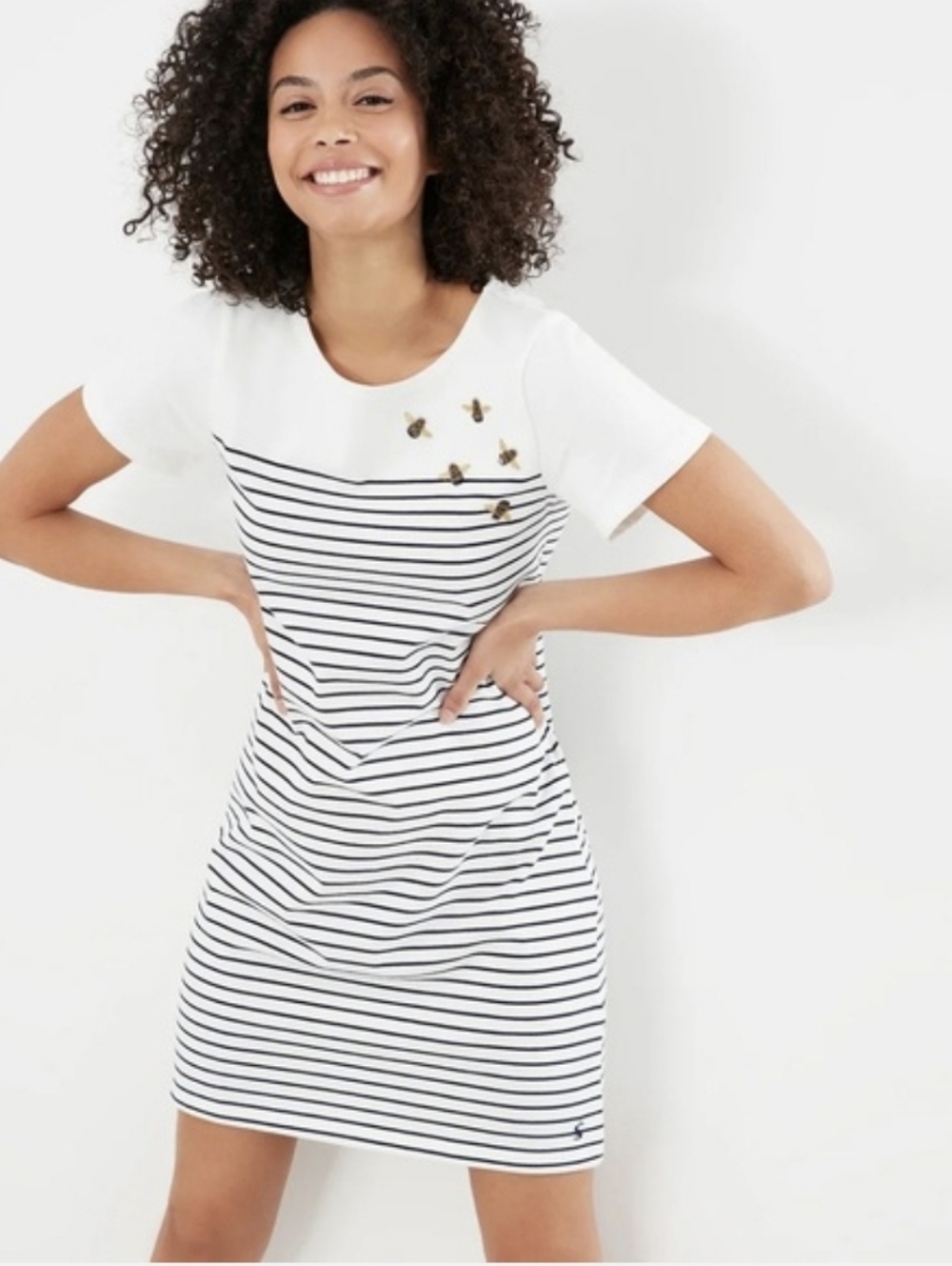 Joules Riviera Bee Embroidered Short Sleeve French Navy Striped Dress, Sz 12